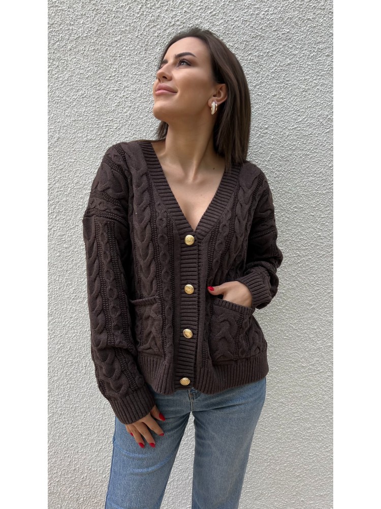 Kahverengi Vintage Düğme Detaylı Örgü Triko Hırka