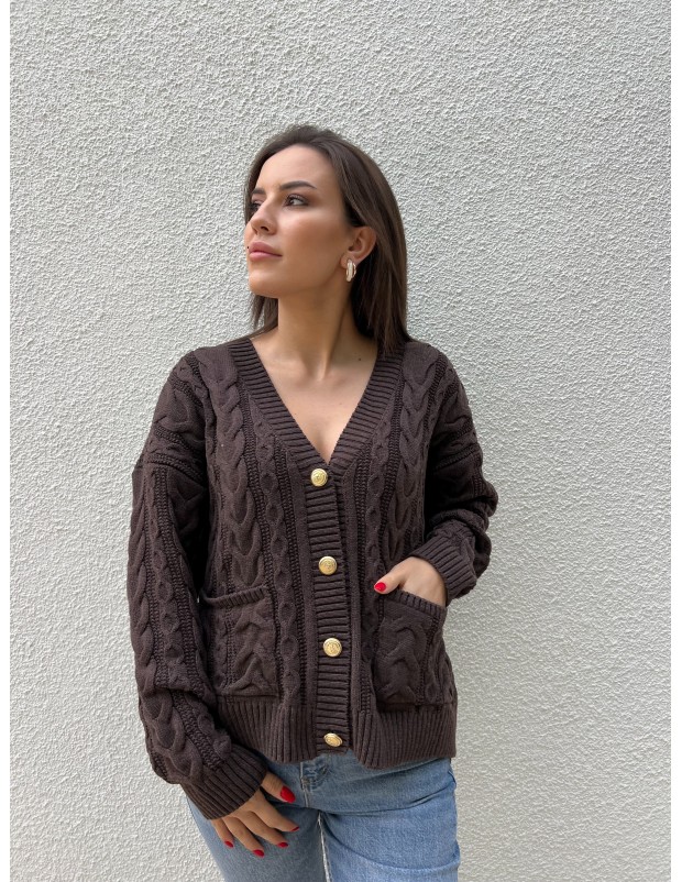 Kahverengi Vintage Düğme Detaylı Örgü Triko Hırka