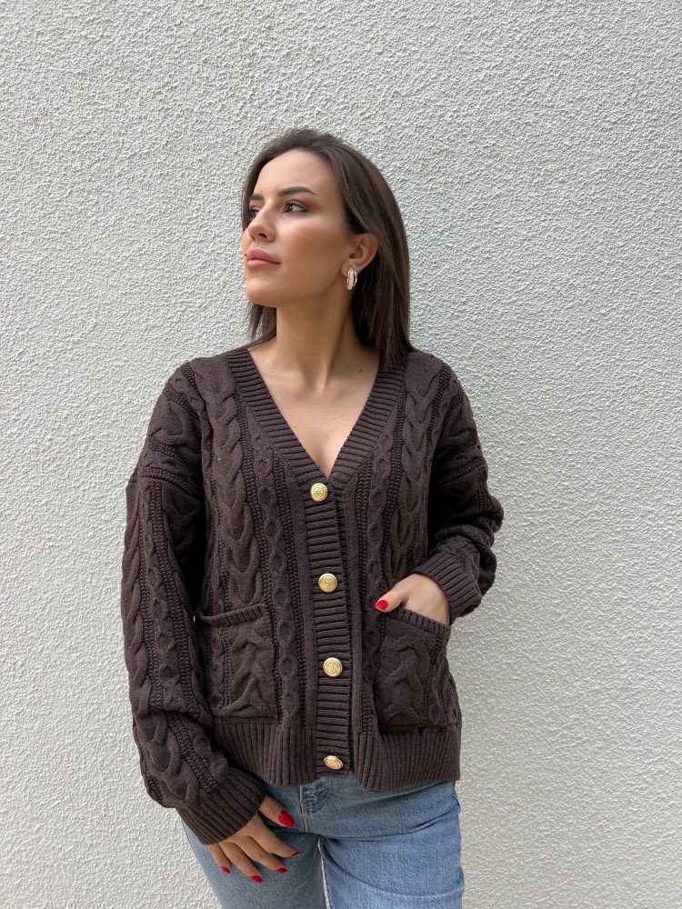 Kahverengi Vintage Düğme Detaylı Örgü Triko Hırka