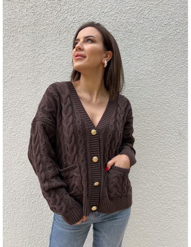 Kahverengi Vintage Düğme Detaylı Örgü Triko Hırka