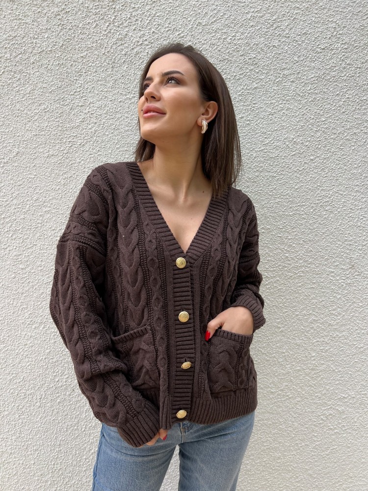 Kahverengi Vintage Düğme Detaylı Örgü Triko Hırka