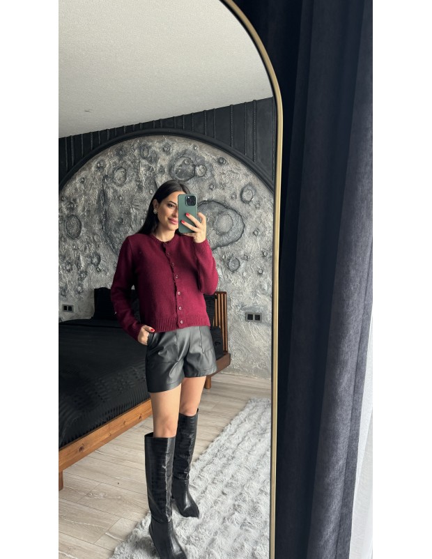 Pervin Çelik Kadın Premium Kalite Bordo Düğme Detaylı  Triko Hırka