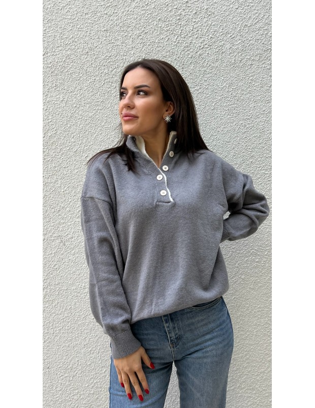 Antrasit Yaka Düğme Detaylı Triko Kazak