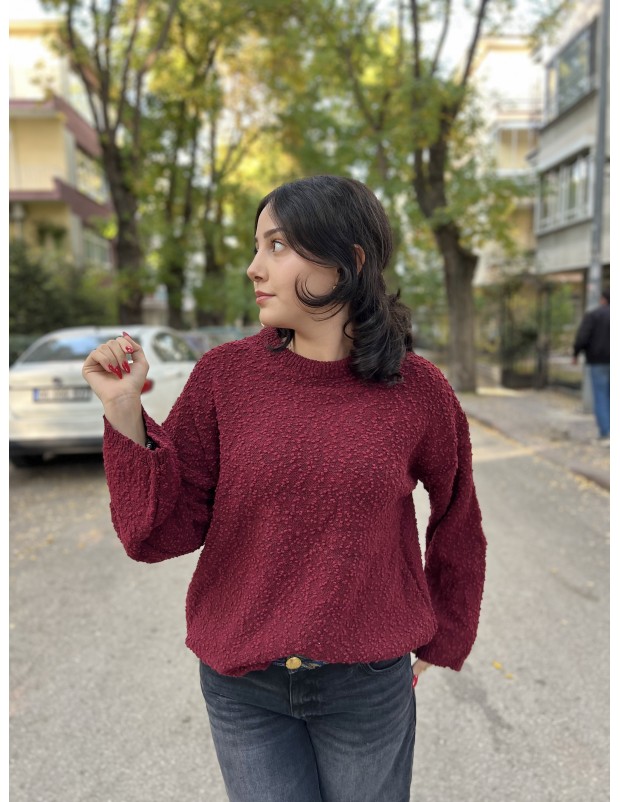 Bordo Bisiklet Yaka Salaş Triko Kazak