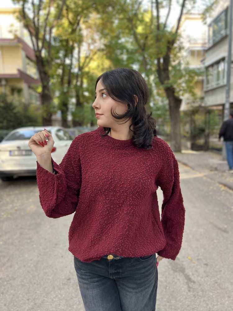 Bordo Bisiklet Yaka Salaş Triko Kazak