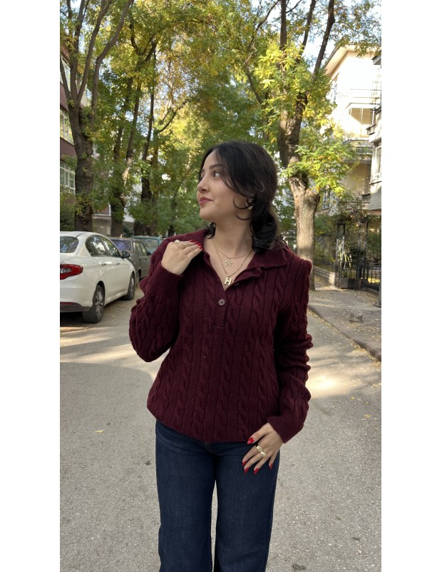 Bordo Polo Yaka Saç Örgü İnce Yumuşak Triko Kazak