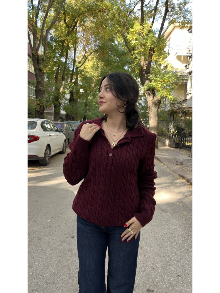 Bordo Polo Yaka Saç Örgü İnce Yumuşak Triko Kazak