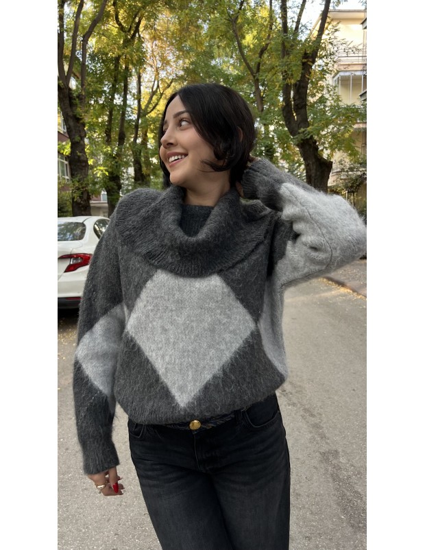 Gri Baklava Desen Şal Yaka Yumuşak Dokulu Kazak