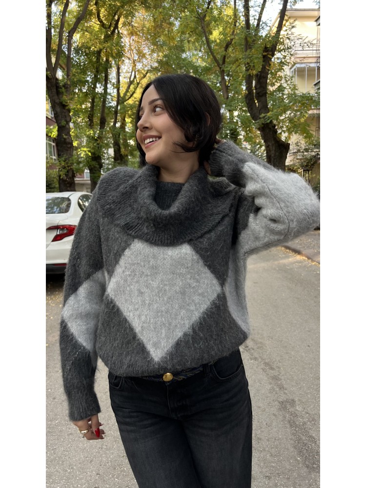 Gri Baklava Desen Şal Yaka Yumuşak Dokulu Kazak