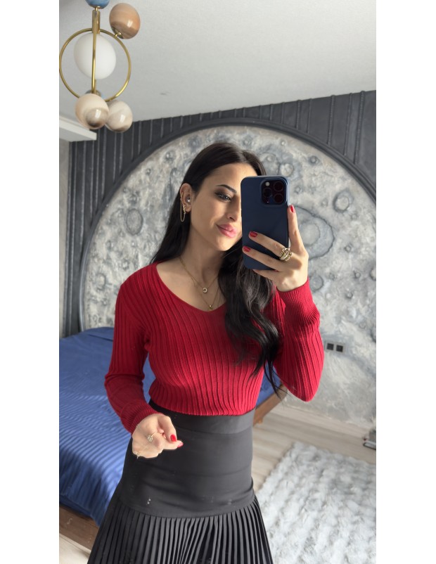 Pervin Çelik Kadın Premium Kalite  Kırmızı V Yaka Triko Kazak