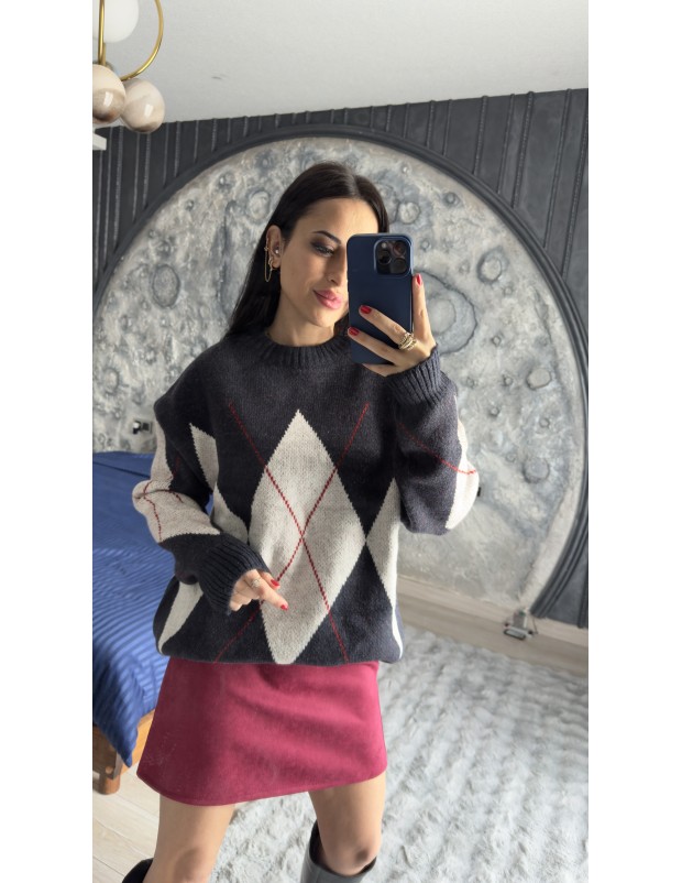 Pervin Çelik Kadın Lacivert Gri Baklava Desenli Oversize Triko Kazak