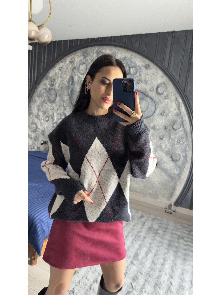 Pervin Çelik Kadın Lacivert Gri Baklava Desenli Oversize Triko Kazak
