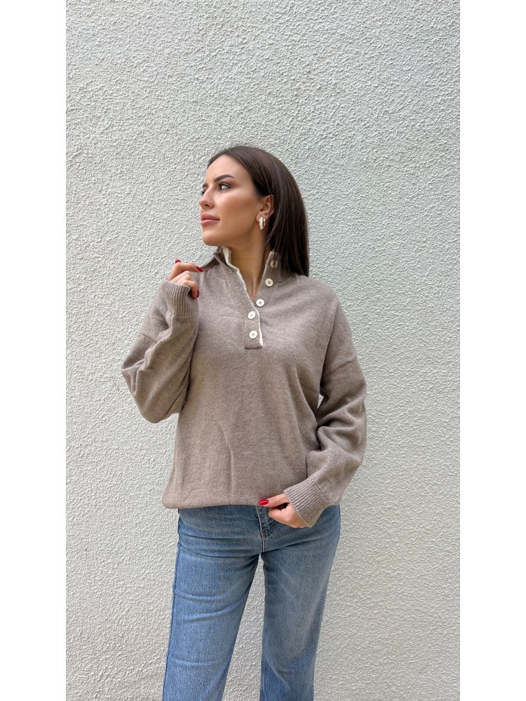 Vizon Yaka Düğme Detaylı Triko Kazak