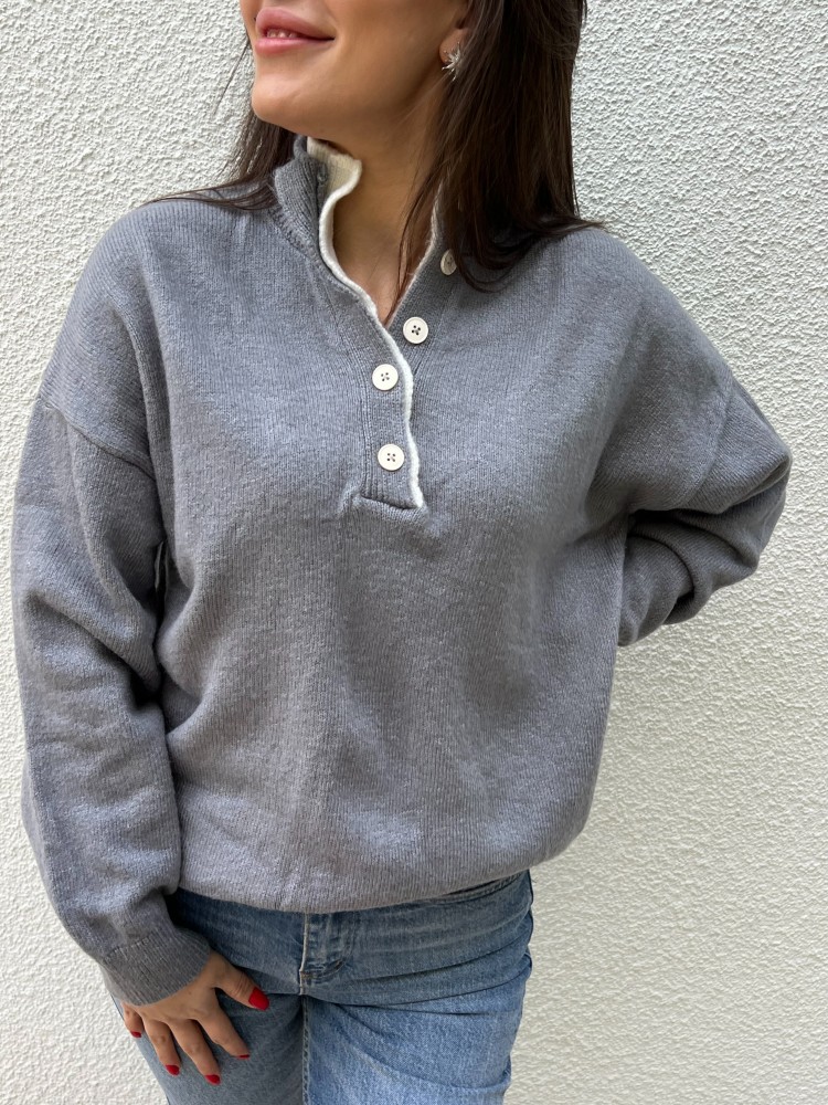 Antrasit Yaka Düğme Detaylı Triko Kazak