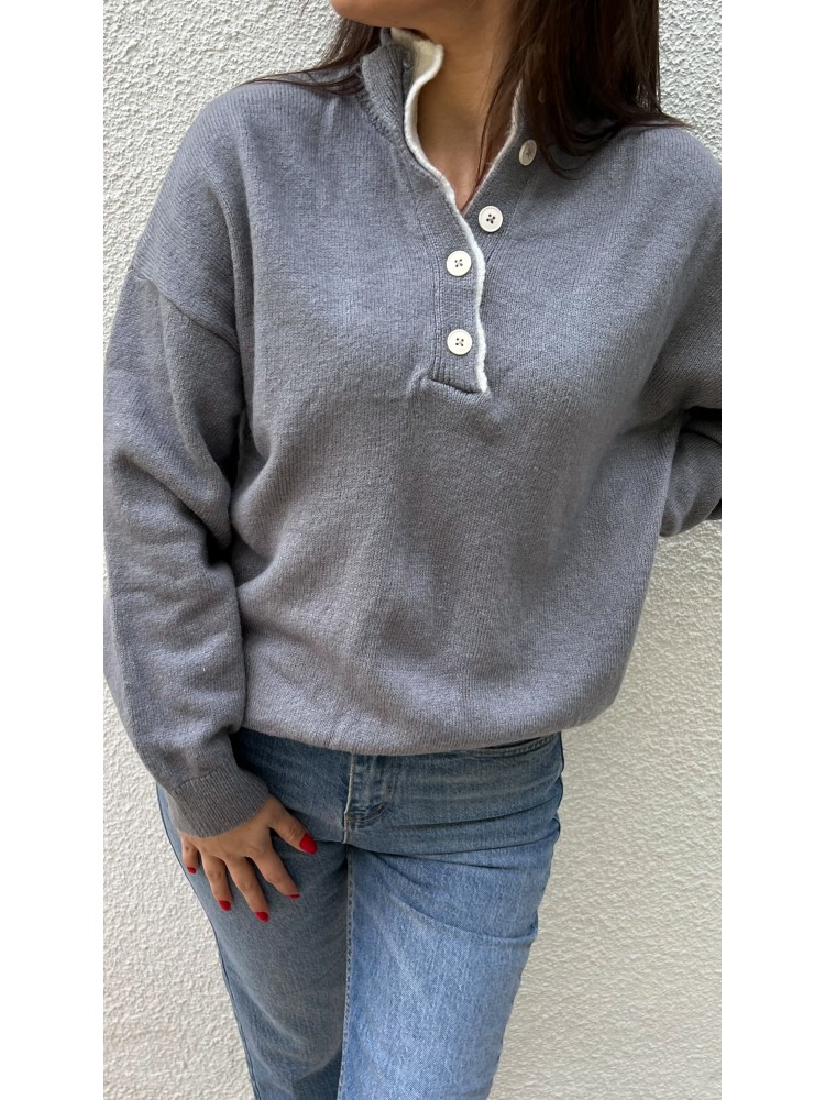 Antrasit Yaka Düğme Detaylı Triko Kazak