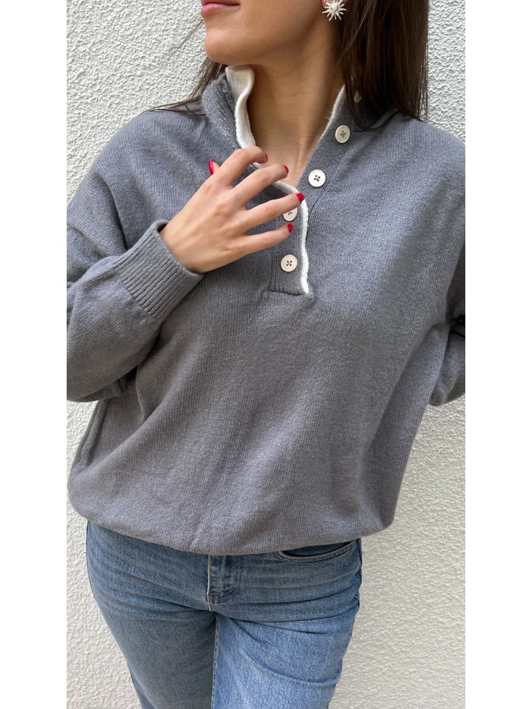 Antrasit Yaka Düğme Detaylı Triko Kazak
