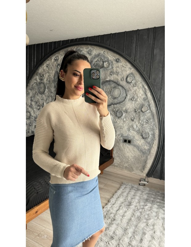 Pervin Çelik Kadın Premium Kalite Orijinal Marka Vizon Şeritli Triko Kazak