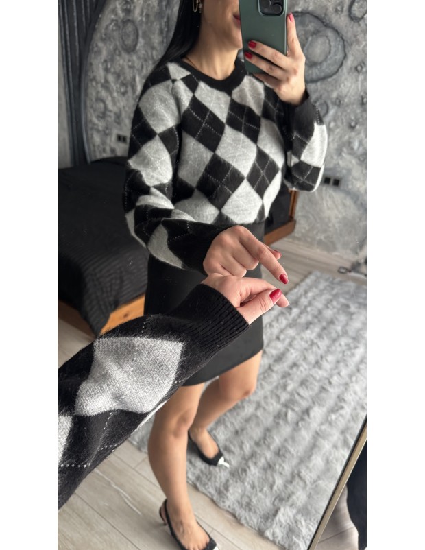 Pervin Çelik Kadın Siyah Gri Baklava Desen Şardonlu Triko Kazak