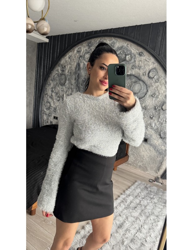 Pervin Çelik Kadın Premium Kalite Gri Simli Sırt Dekolte Detaylı Triko Kazak