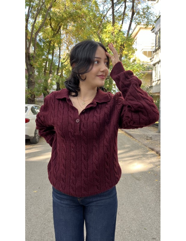 Bordo Polo Yaka Saç Örgü İnce Yumuşak Triko Kazak