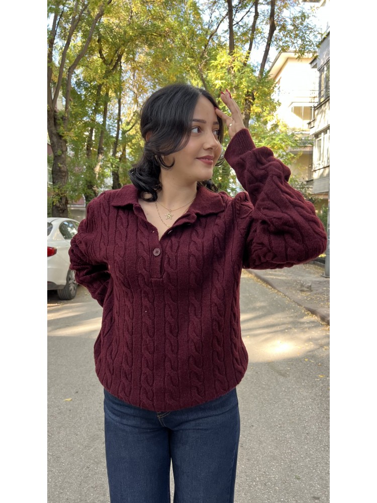 Bordo Polo Yaka Saç Örgü İnce Yumuşak Triko Kazak