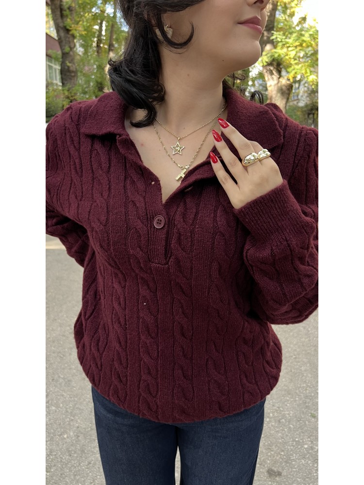 Bordo Polo Yaka Saç Örgü İnce Yumuşak Triko Kazak
