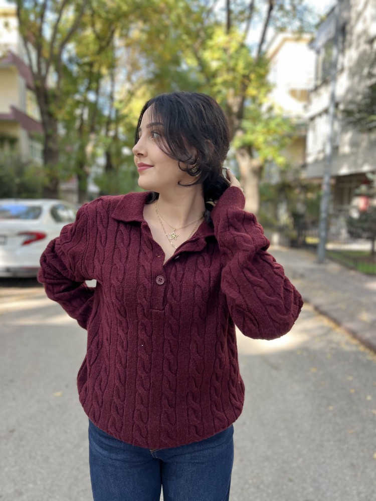 Bordo Polo Yaka Saç Örgü İnce Yumuşak Triko Kazak