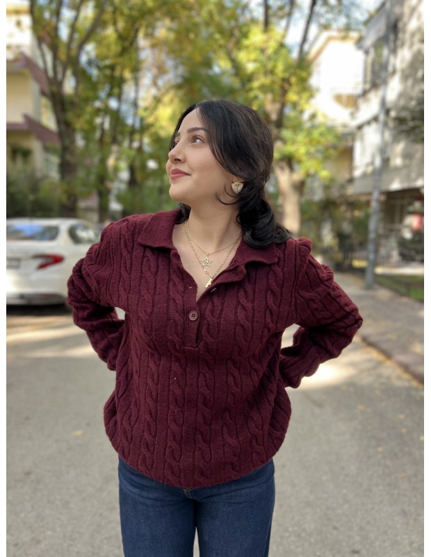 Bordo Polo Yaka Saç Örgü İnce Yumuşak Triko Kazak