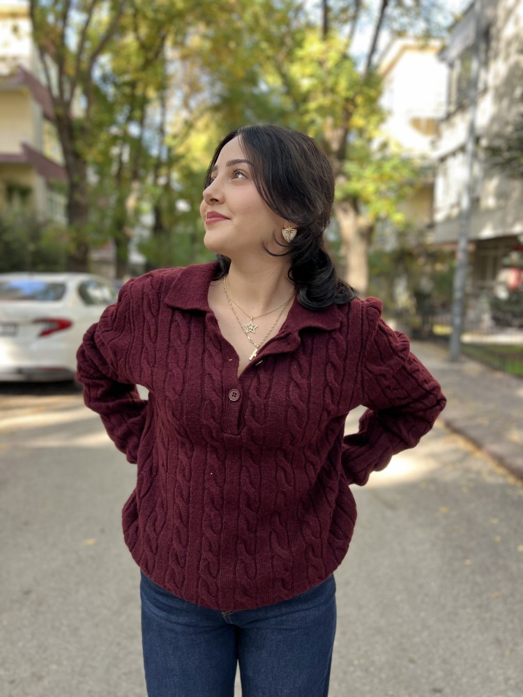 Bordo Polo Yaka Saç Örgü İnce Yumuşak Triko Kazak