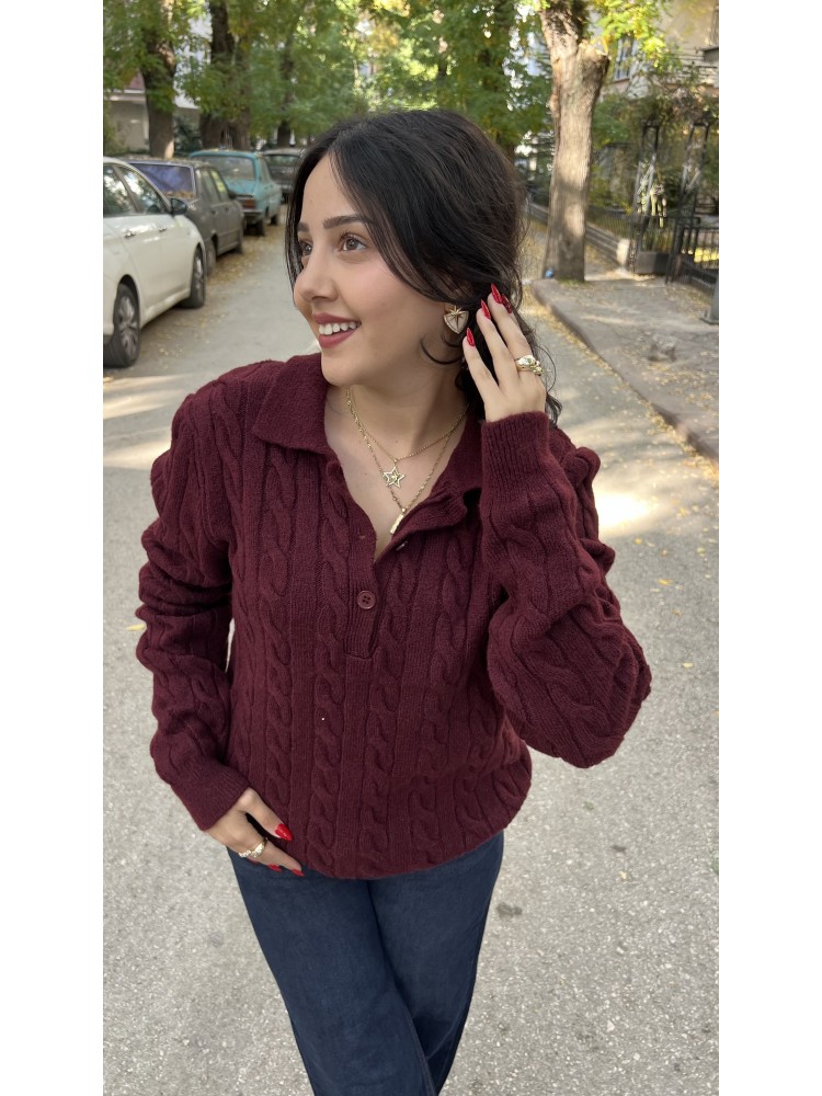 Bordo Polo Yaka Saç Örgü İnce Yumuşak Triko Kazak