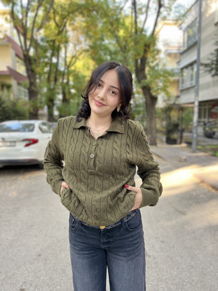 Yeşil Polo Yaka Saç Örgü İnce Yumuşak Triko Kazak