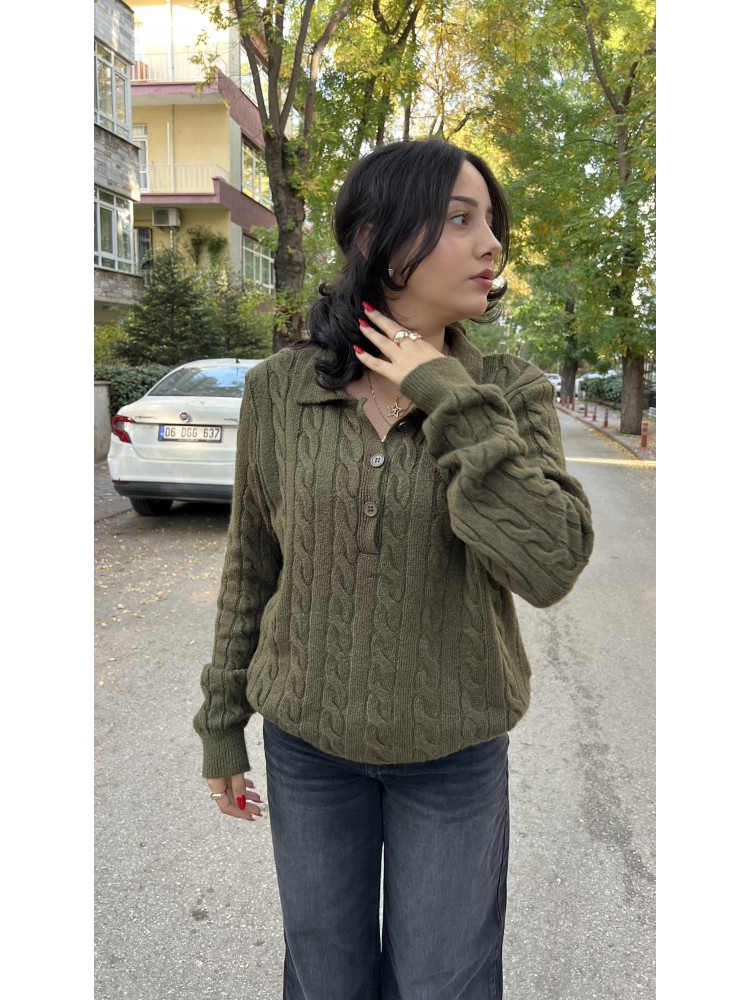 Yeşil Polo Yaka Saç Örgü İnce Yumuşak Triko Kazak