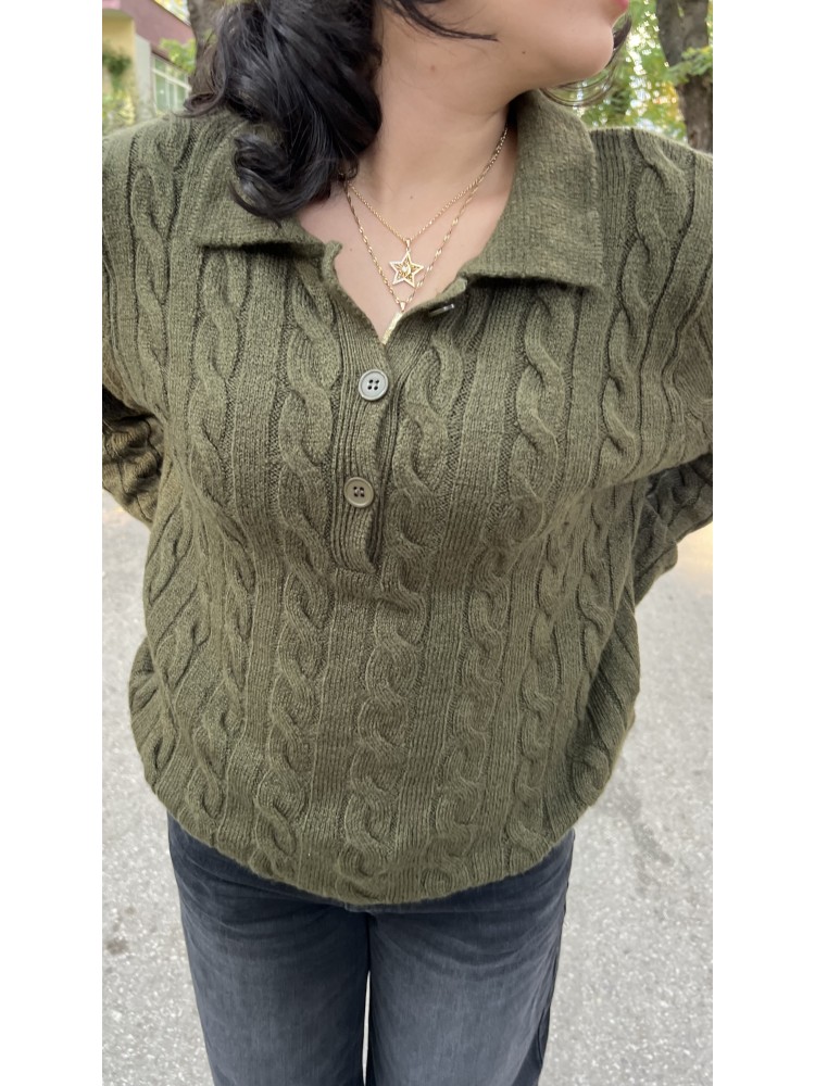 Yeşil Polo Yaka Saç Örgü İnce Yumuşak Triko Kazak