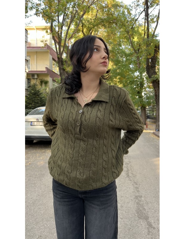 Yeşil Polo Yaka Saç Örgü İnce Yumuşak Triko Kazak