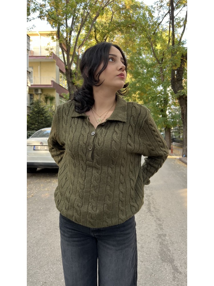 Yeşil Polo Yaka Saç Örgü İnce Yumuşak Triko Kazak