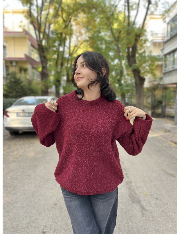 Bordo Bisiklet Yaka Salaş Triko Kazak