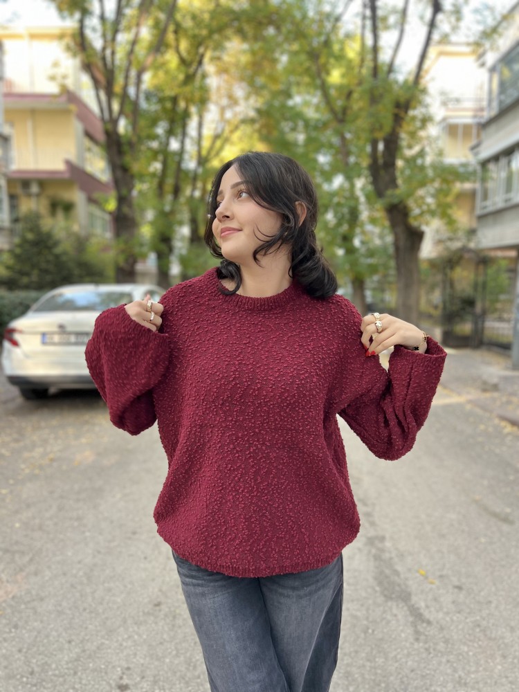 Bordo Bisiklet Yaka Salaş Triko Kazak