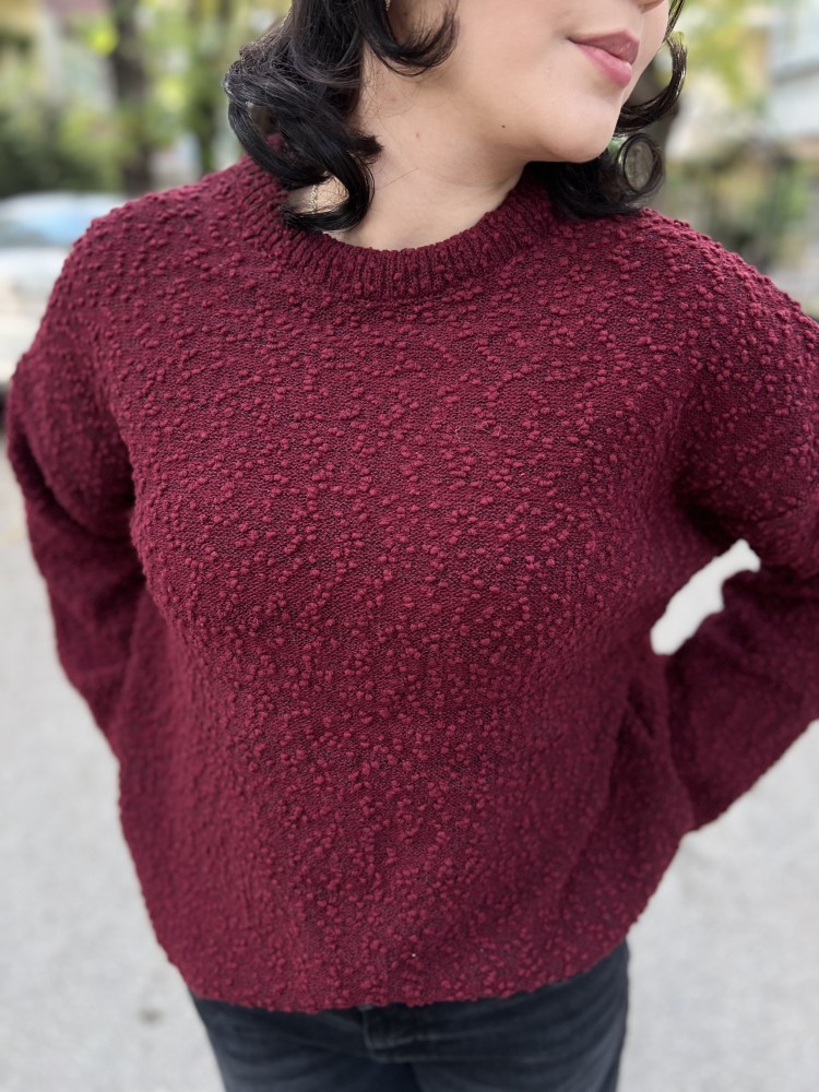 Bordo Bisiklet Yaka Salaş Triko Kazak