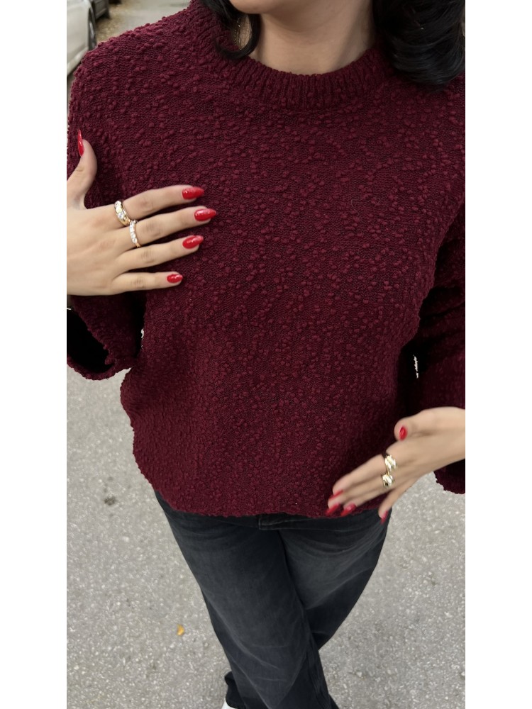 Bordo Bisiklet Yaka Salaş Triko Kazak