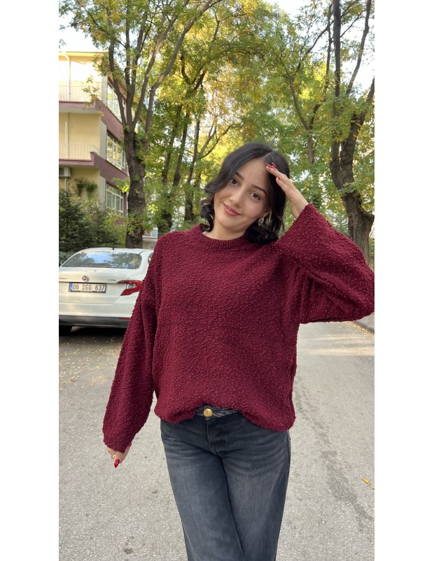 Bordo Bisiklet Yaka Salaş Triko Kazak