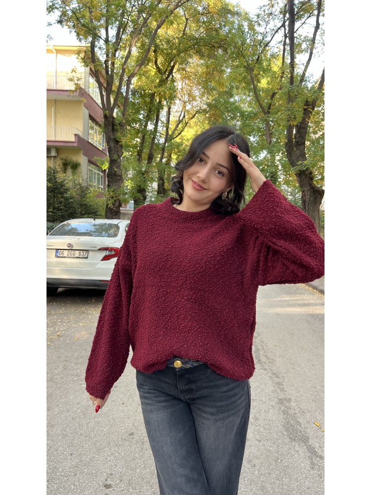 Bordo Bisiklet Yaka Salaş Triko Kazak