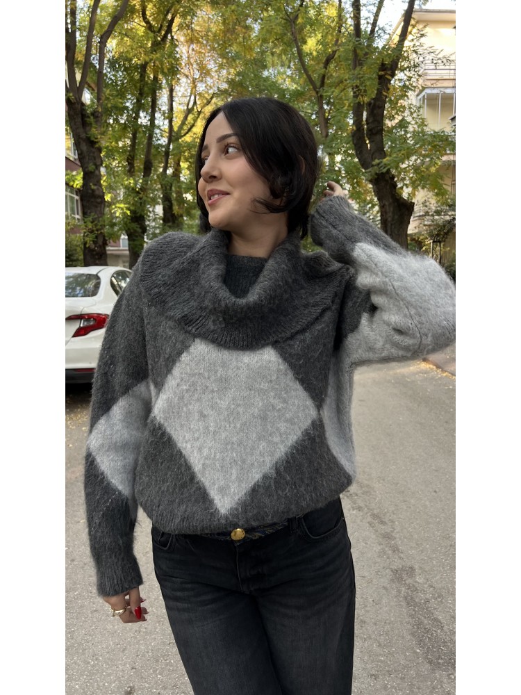 Gri Baklava Desen Şal Yaka Yumuşak Dokulu Kazak