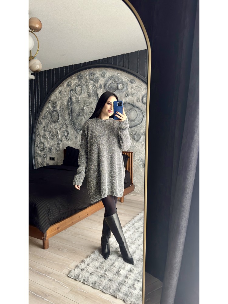 Pervin Çelik Kadın Premium Kalite Gümüş Sim Detaylı Oversize Kazak