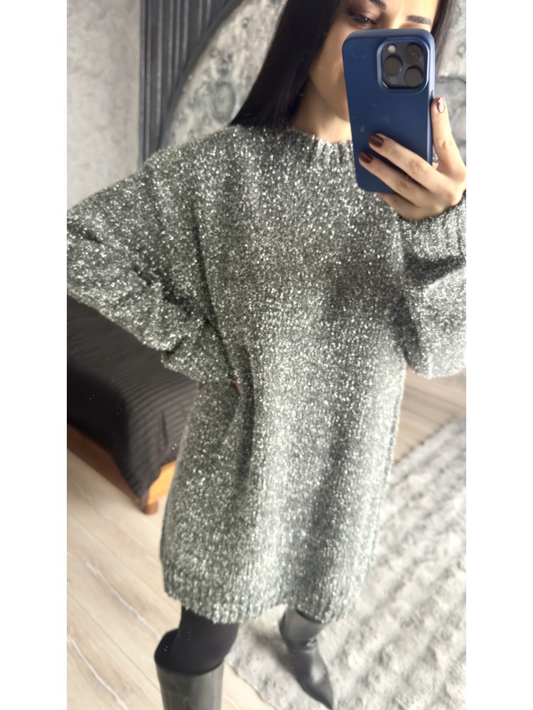Pervin Çelik Kadın Premium Kalite Gümüş Sim Detaylı Oversize Kazak