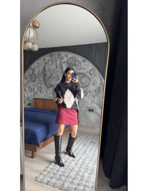 Pervin Çelik Kadın Lacivert Gri Baklava Desenli Oversize Triko Kazak