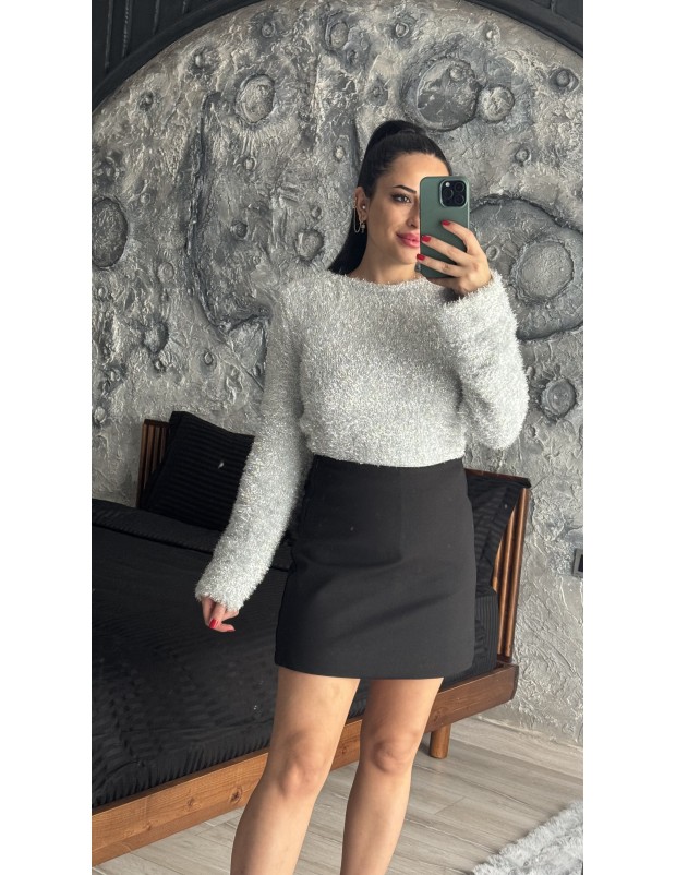 Pervin Çelik Kadın Premium Kalite Gri Simli Sırt Dekolte Detaylı Triko Kazak