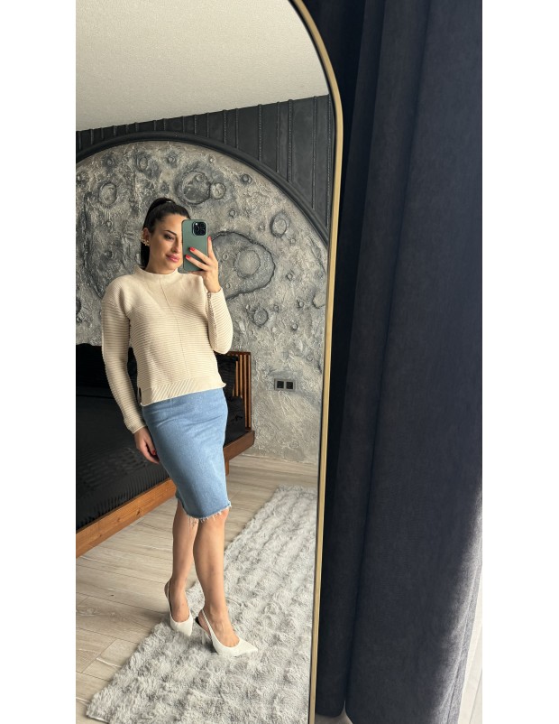 Pervin Çelik Kadın Premium Kalite Orijinal Marka Vizon Şeritli Triko Kazak