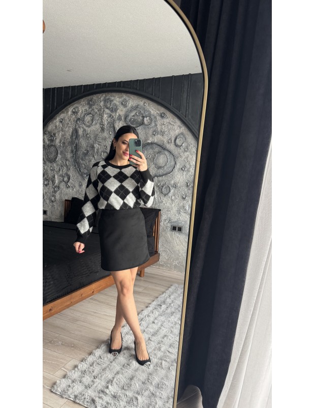 Pervin Çelik Kadın Siyah Gri Baklava Desen Şardonlu Triko Kazak