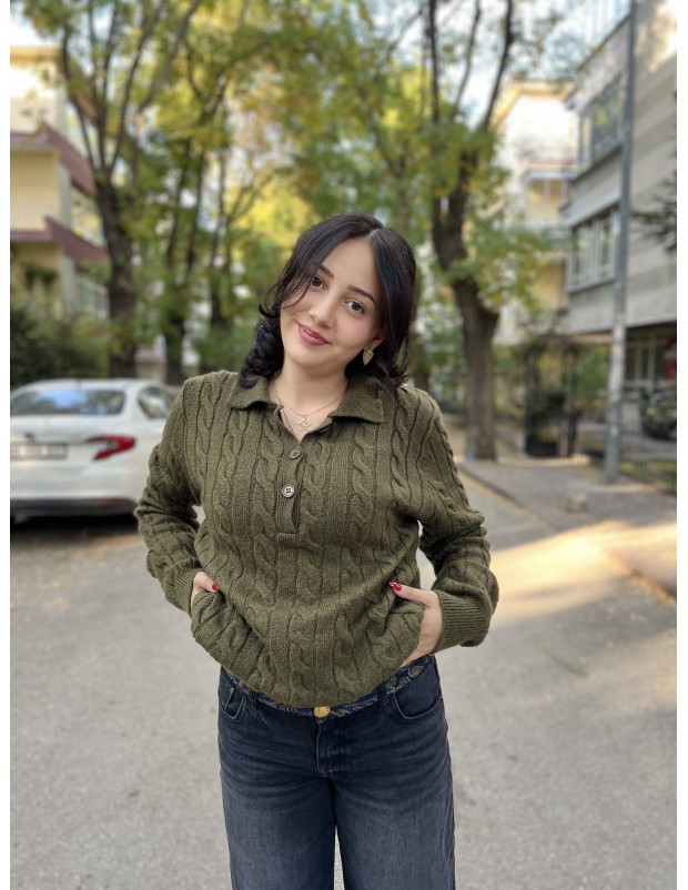 Yeşil Polo Yaka Saç Örgü İnce Yumuşak Triko Kazak