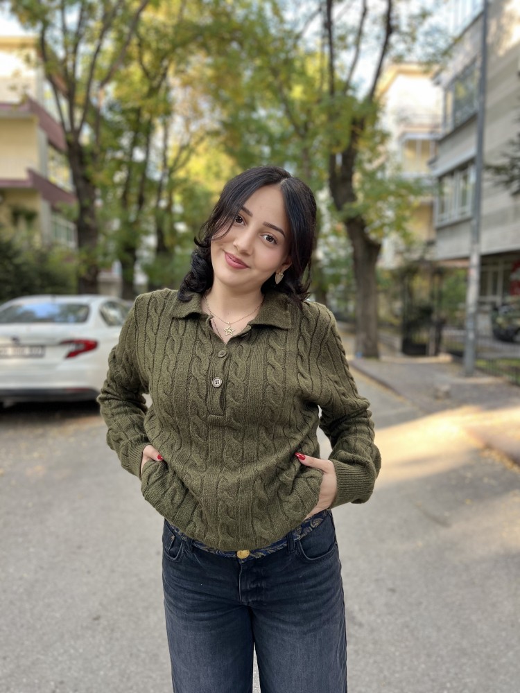 Yeşil Polo Yaka Saç Örgü İnce Yumuşak Triko Kazak